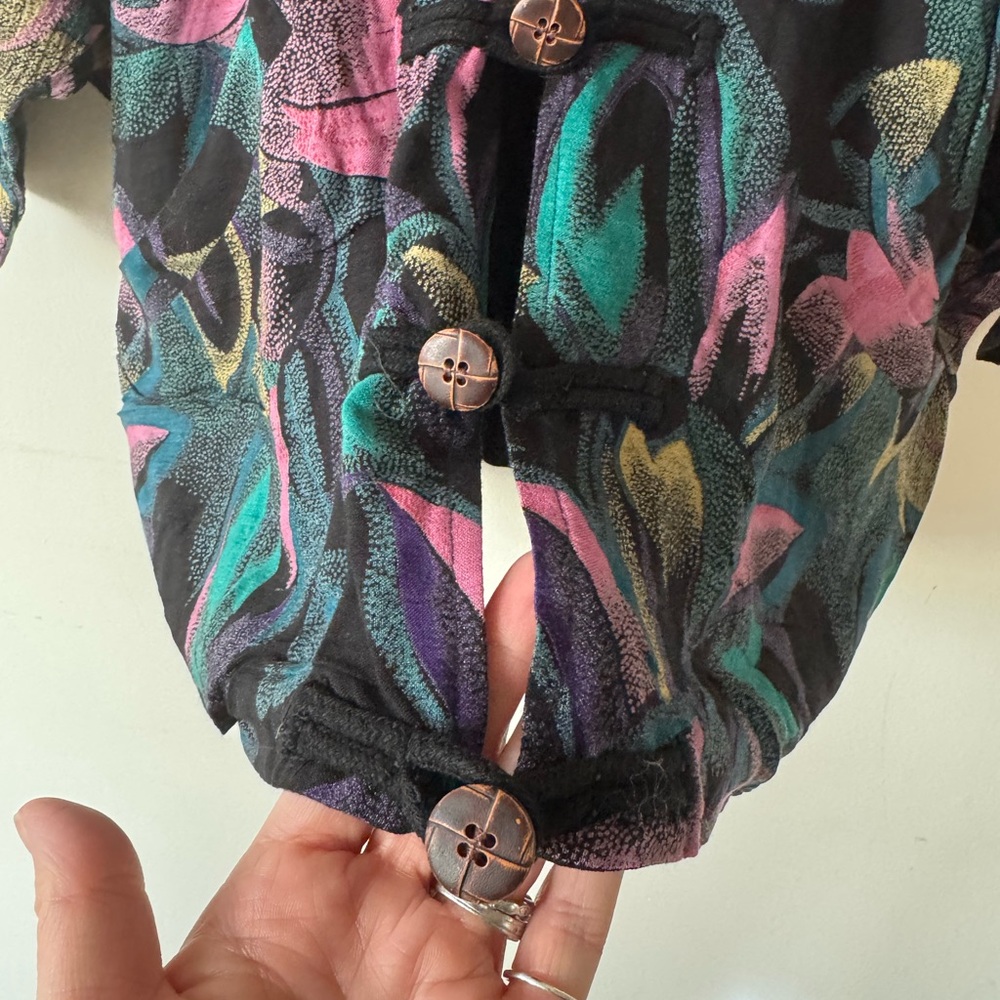Vintage 80s Black Pink Teal Floral Oversized Kimono Jacket Blazer Artsy Boho L - Picture 4 of 9